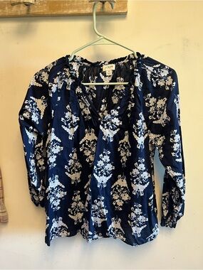 J. Crew Navy Floral V-Neck Peasant Blouse